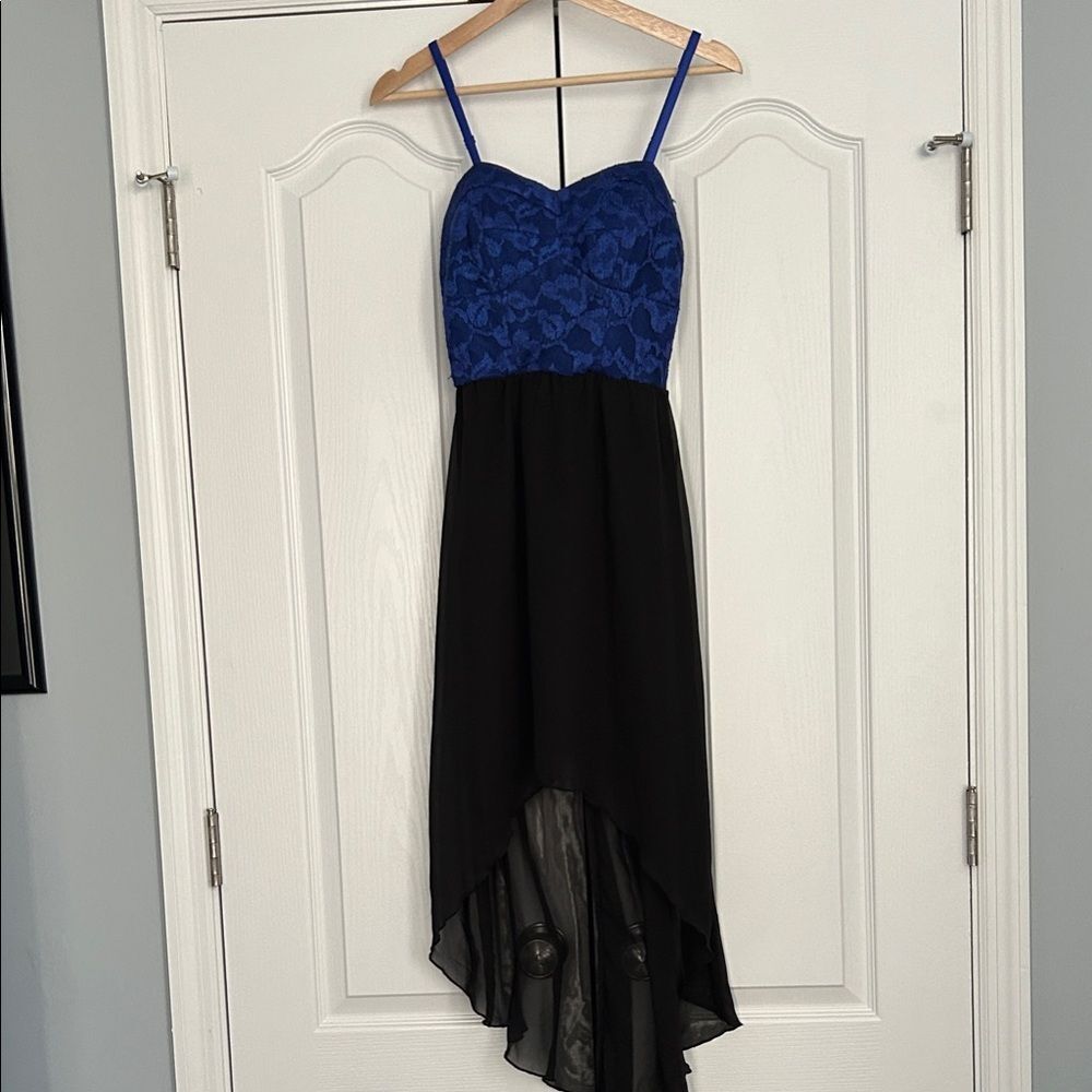 As U Wish Blue & Black High Low Simi Formal Dress with Lace upper & sheer skirt - Picture 2 of 7